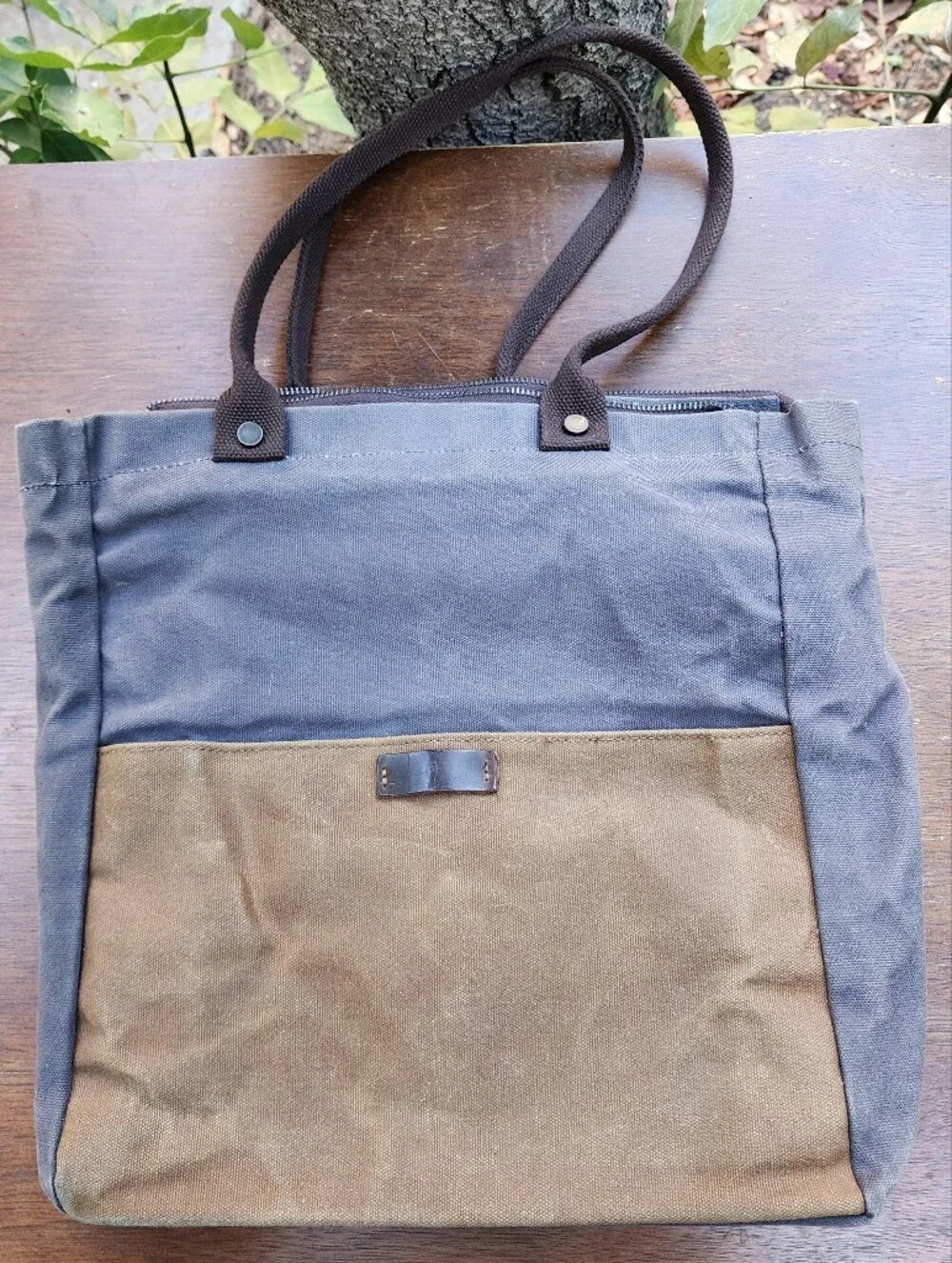 Vintage Waxed Canvas Tote Bag Two Tone Grey Brown Utility Work Shoulder Handbag